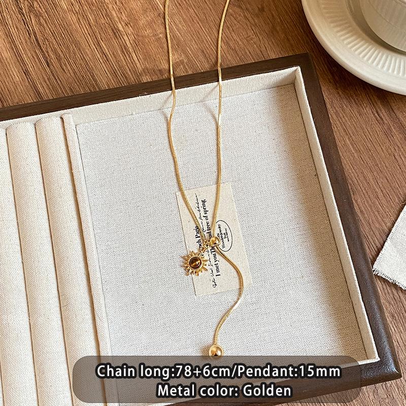 Geometric Retro Tiger Eye Stone Pendant Zipper Pull Long Necklace For Women's Autumn/Winter Sweater Chain Trendy Neck Jewelry