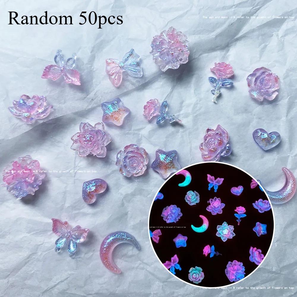 

50pcs Mix Luminous Rose Flower Nail Art Charms Moon Star Heart Aurora Butterfly Nail Decorations Charms Y2K DIY Manicure Parts