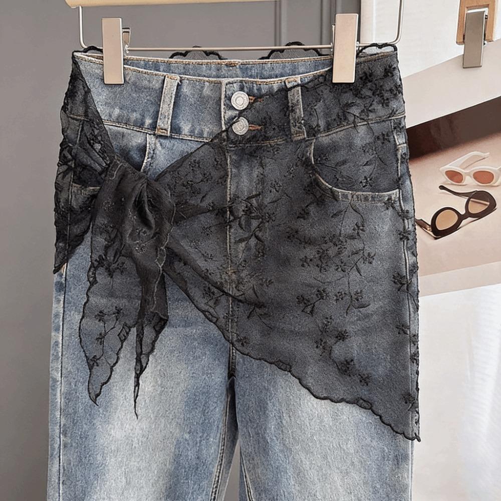 Floral Embroidery Lace Fart Curtain Jeans Decor Mini Skirt Trendy Hip Curtain  Summer чёрный