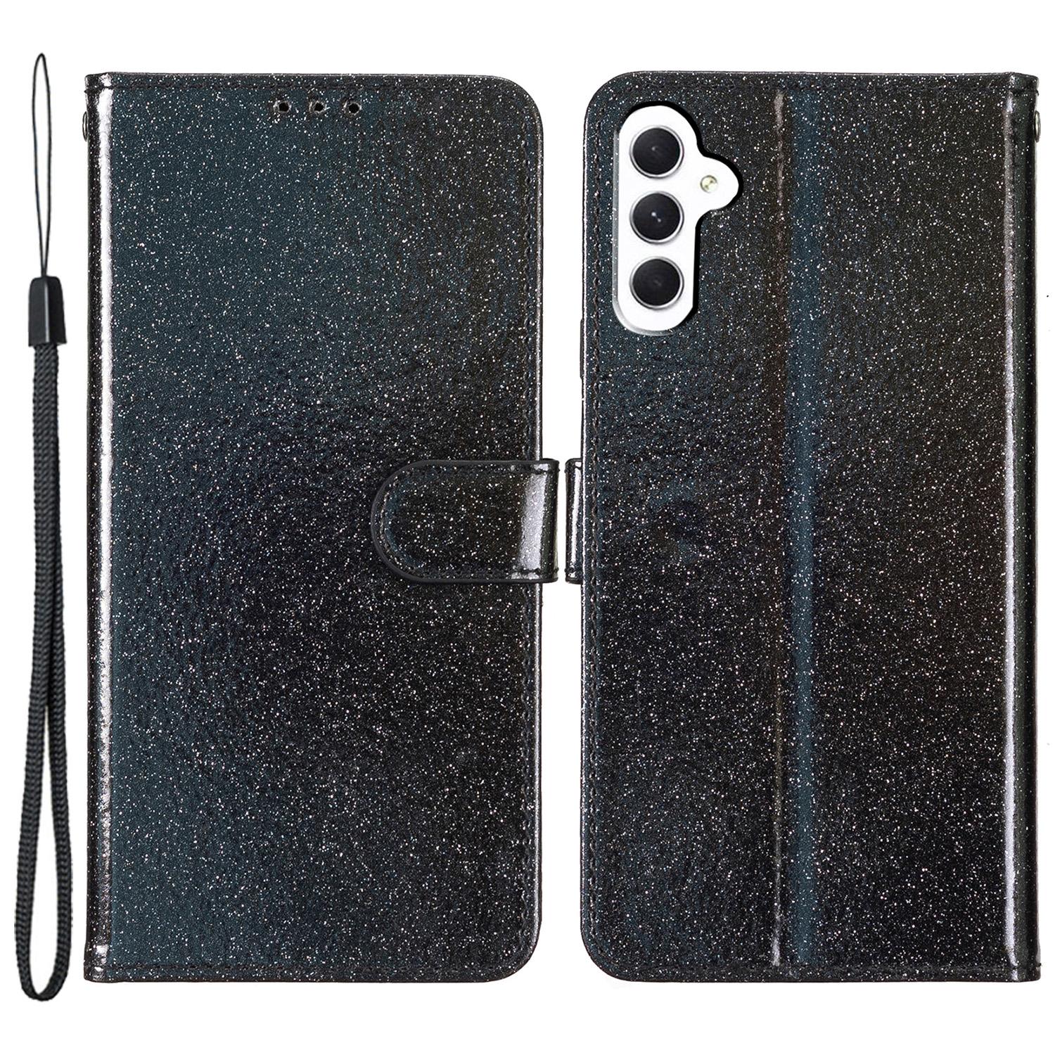 

Для Samsung Galaxy A55 5G Блискучий шкіряний чохол з глітером Підставка Гаманець Чохол для телефону Black