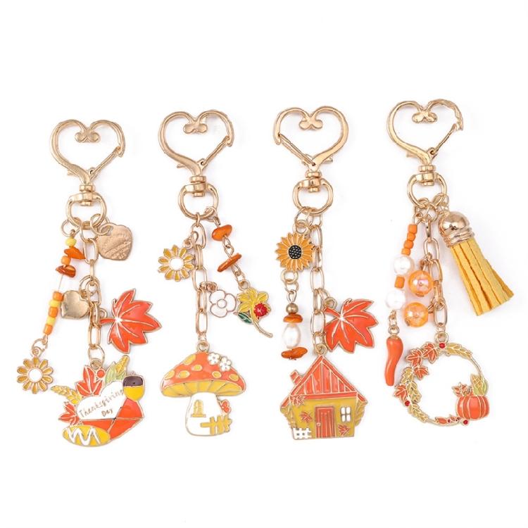 Playful Mushroom Pumpkin Keyring Decorative Beaded Accent Key Organiser Thanksgiving Theme Keychain For Purse Keys