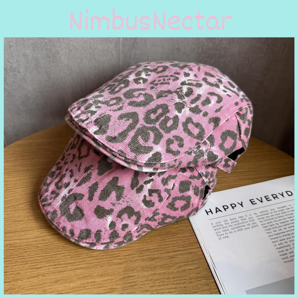 Retro Leopard Pink Print Hat With Wide Brim Breathability Beret For Wear Casual