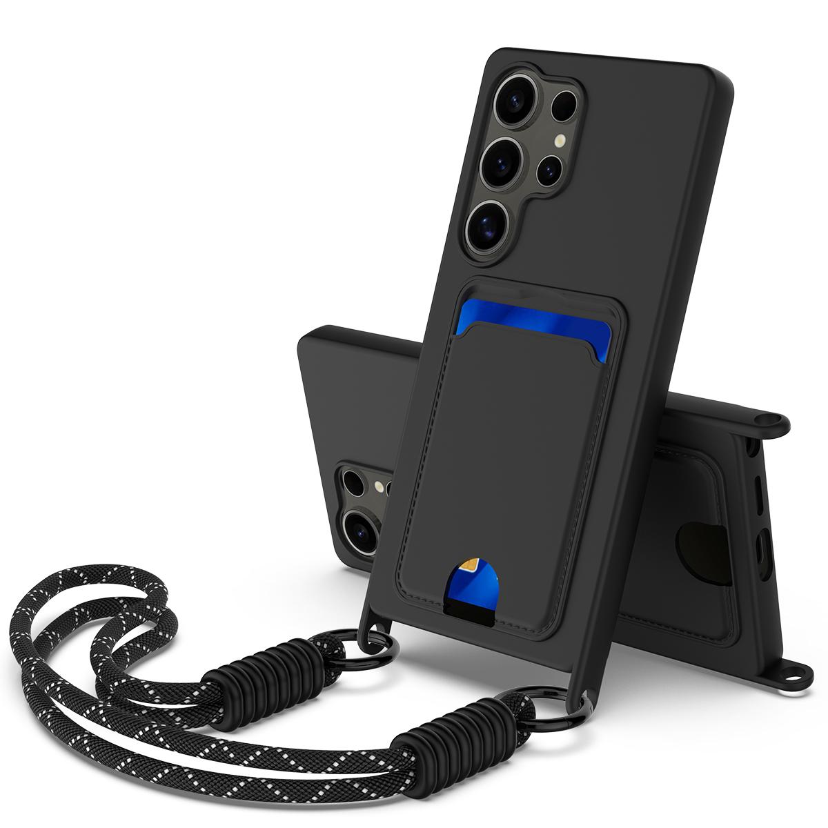 

For Samsung Galaxy S24 Ultra Liquid Silicone Case Phone Back Cover with Card Holder and Short Strap Black