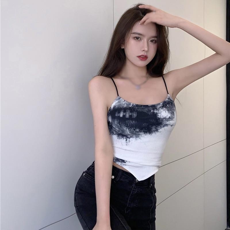 Women Tie-Dyed Slim Sexy Exposed Navel Sleeveless Camisole Crop Tank Top