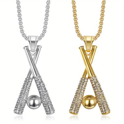 Full Zirconium Baseball Bat Pendant Stainless Steel Necklace Men's Hip Hop Trend Jewelry