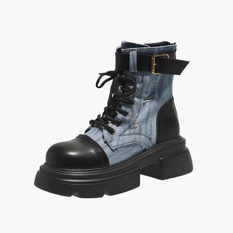Fashion Ankle Boots for Women Cowboy Lace-up Booties Blue Pu Designer Luxury Large Size Warm Boot Footwear Autumn Goth Woman Short Shoes