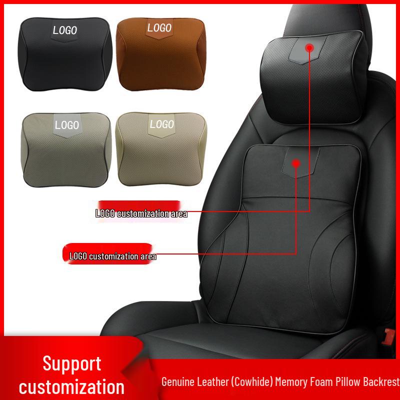 Customizable Mazda Leather Lumbar Support & Neck Pillow Set for Cars—Memory Foam, Cowhide, with Option to Add Logo