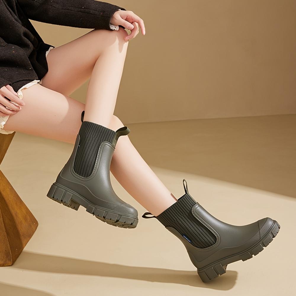 Women'S Chelsea Rain Boots - Slip-Resistant Thick Sole, Round Toe, PVC Upper & Sole, Comfortable Fabric Inner & Insole, Versatile Outdoor Footwear