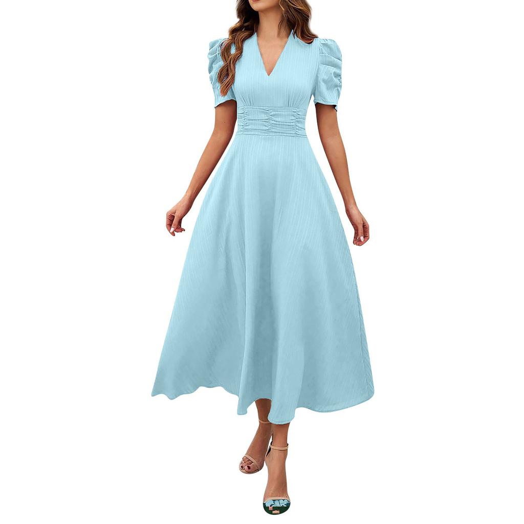 Damenmode Temperament Hohe Taille Hohe Sinn Einfarbig Kurzarm Kleid