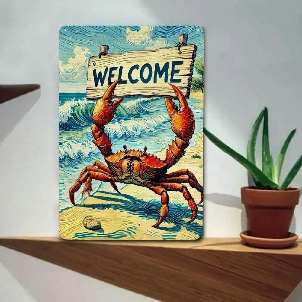 Funny Crab Tin Sign 8x12 Retro Beach Metal Wall Art for Home Bar Garage
