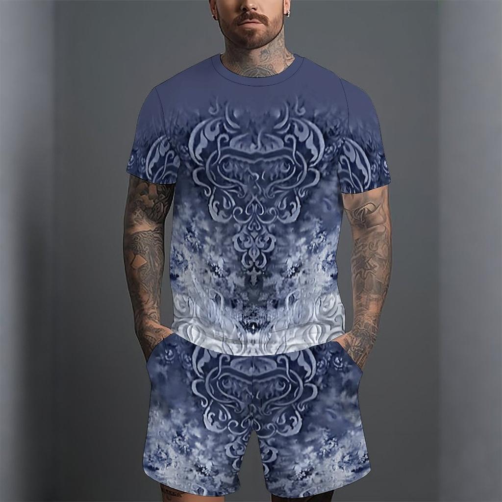 Men Black Gold Ethnic Peacock Border Print Short Sleeve Tee And Matching Shorts Two Piece Outfit