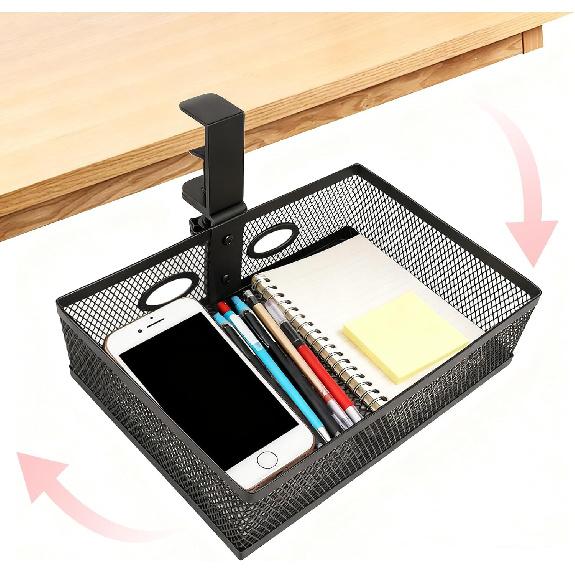 Under Desk Organizer with 360° Swivel, Clamp-On No Drill tallation, Sturdy Mesh Storage Drawer for Home Office, Pencils, Art Supplies and More