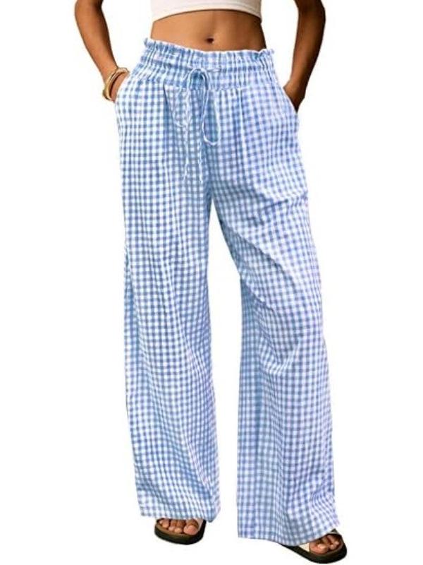 European Plaid Women's Wide-Leg Elastic High-Waist Pajama Pants with Drawstring