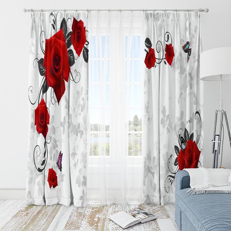 2 pieces - White base red rose polyester curtains, bathroom, bedroom, living room, and family room decorative curtains