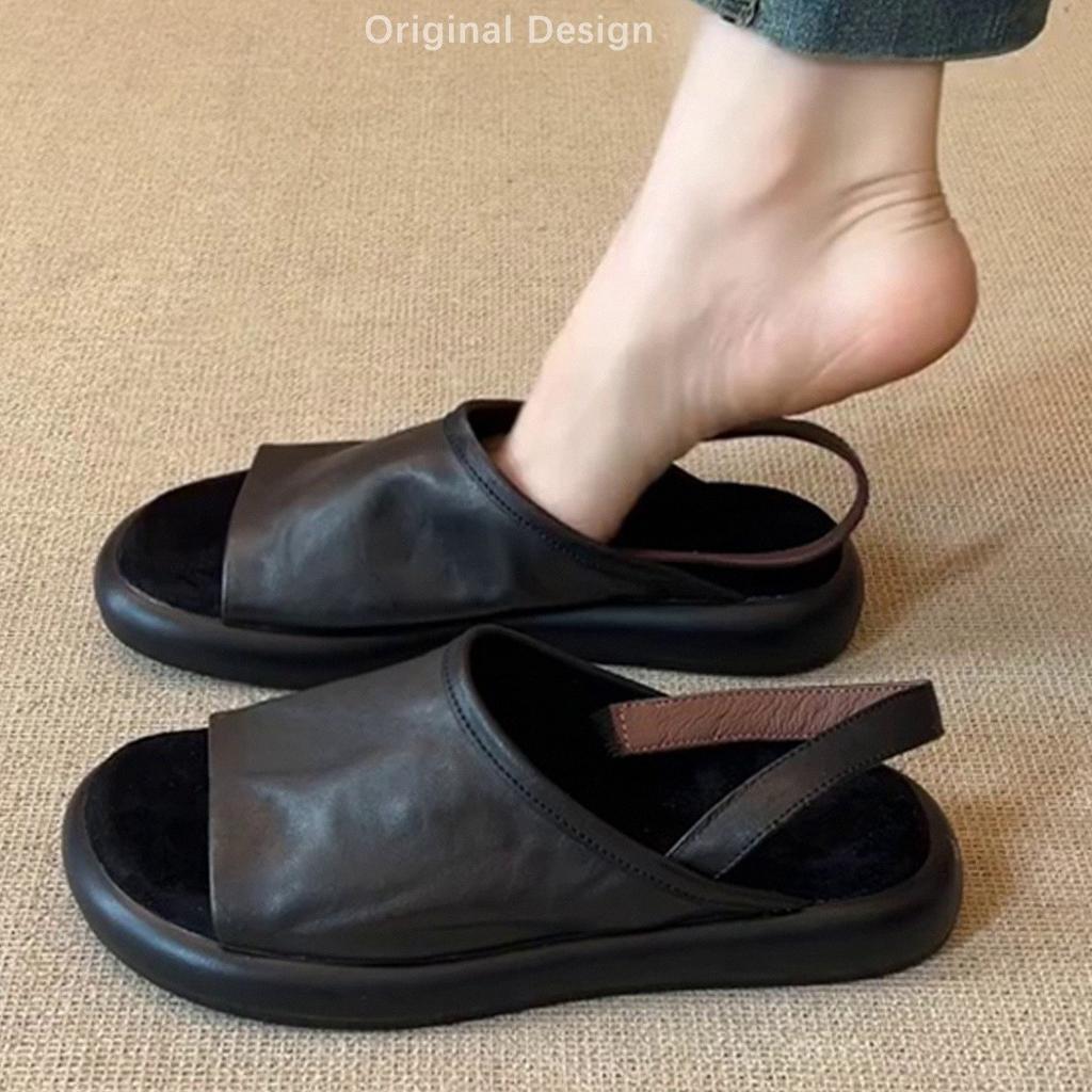 [Fanfna] Super Soft Leather 2025 Summer New Wear Retro French with Skirt Soft-soled Flat-soled Roman Shoes