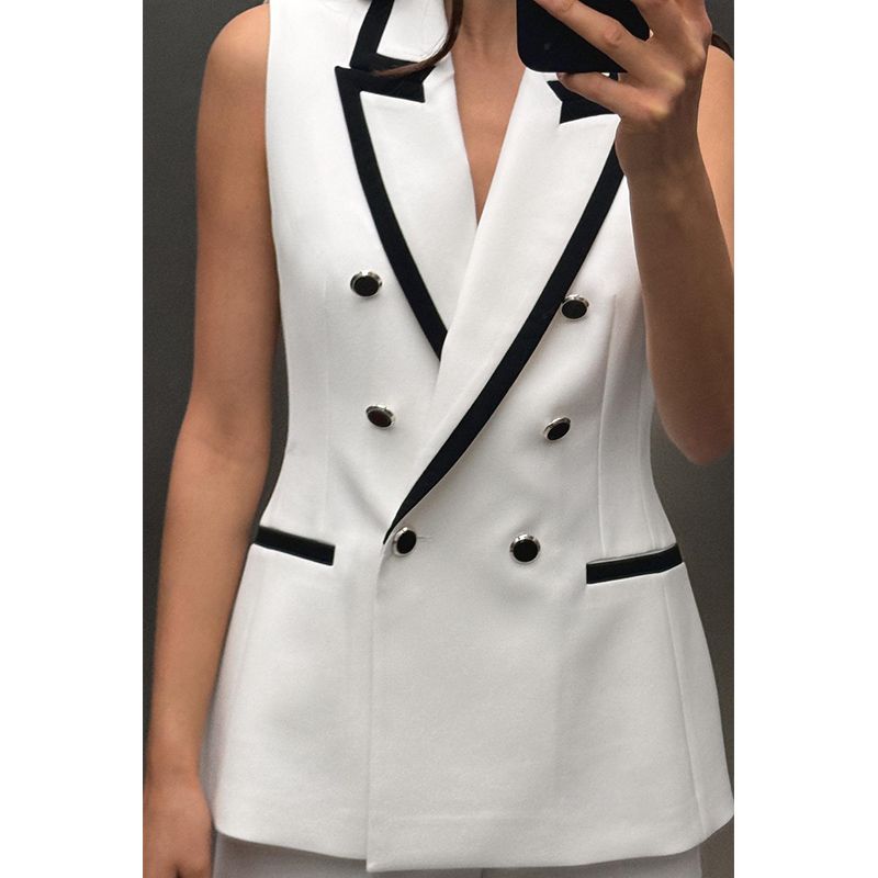 Women's Contrast Color Trim Lapel Sleeveless Vest 3306593 Casual High Waist Wide Leg Shorts 3285593