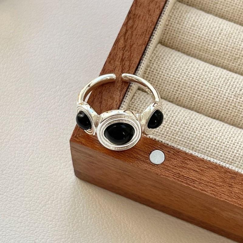 PANJBJ 925 Sterling Silver Black Agate Ring for Women Geometry Circle Irregular Design Open Jewelry Party Gift Dropshipping