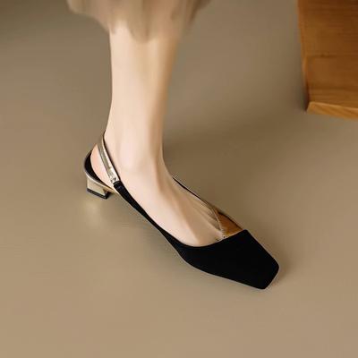 Fashion Women Square Toe Sandals Black Patchwork Pumps Plus Size 40 Gold Sliver Slingbacks Mid Heels Summer Female Dress Shoes