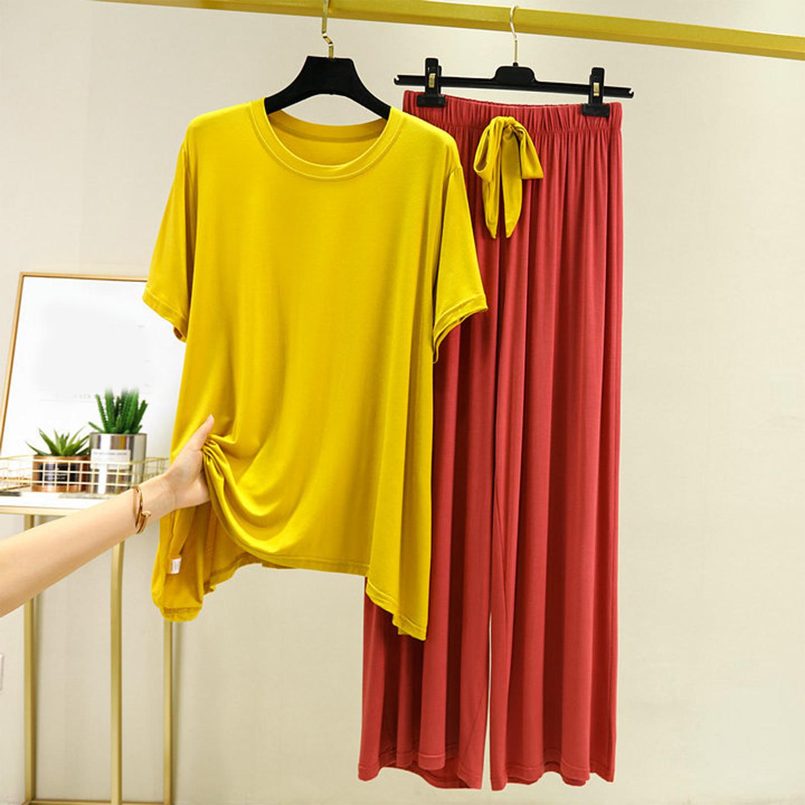 

Women s Loose Casual Round Neck Short Sleeved T-shirt Long pants Set Solid Color Pajamas XL жовтий