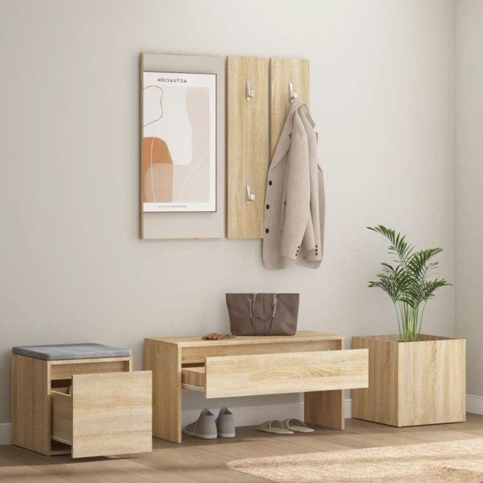 VidaXL Hallway Furniture Set Coat Rack Set Entrance Bench Mirror Planter Living Room Interior Sonoma Oak 3082065