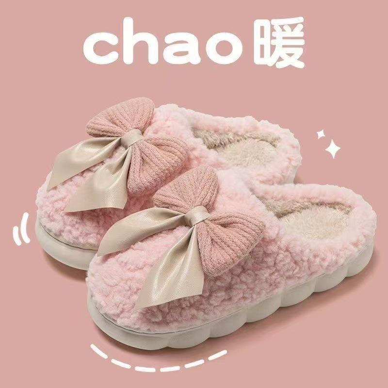 Warm Cotton Slippers Women's Winter Home Non-slip Thickened New Cute Plush Bow Bag Head Mao Mao Shoes
