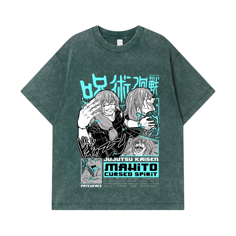 275 GSM Washed T-shirts 100% Cotton Jujutsu Kaisen V63 Mahito Print Unisex Heavy Cotton T Shirt