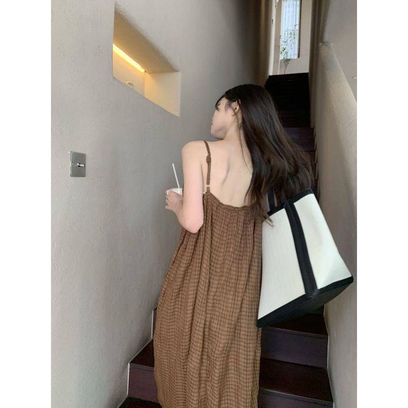 Tea Break French Retro Plaid Suspender Dress 2026 New Style Women's Summer Gentle Style Seaside Vacation Long Dress