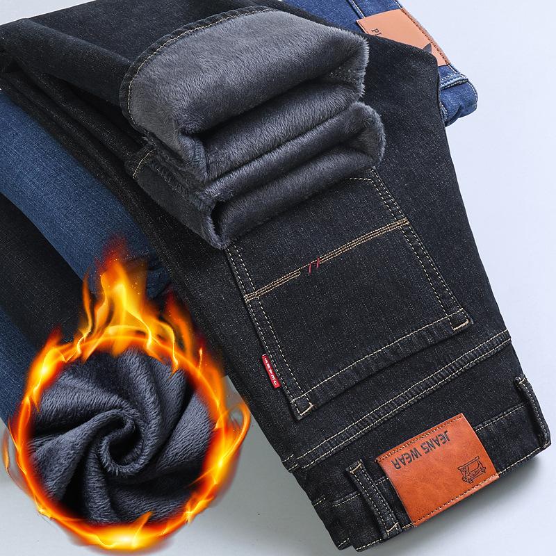 Autumn And Winter New Men'S Versatile Plush Denim Thick Loose Straight Tube Warm High Waist Pants