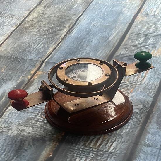 Nautical Compass Gimbled Antique Finish With Wood Low Grade Table Top