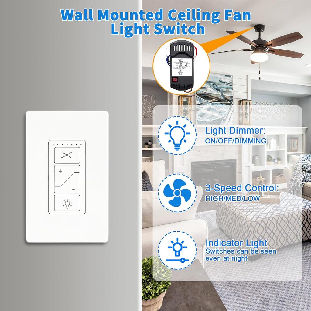 Ceiling Fan Remote Control Kit, Universal Ceiling Fan Remote and Dimmer Light Switch Combo, Ceiling Fan Wall Switch UC9050T, Fan Remote Control Kit