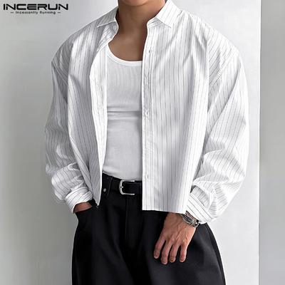 Homens Lapel Neck Manga Longa Listrado Estampa Casual Camisas Curtas Tops