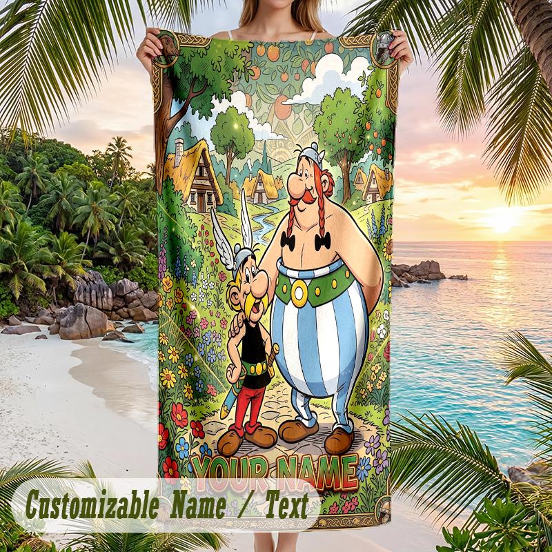 Asciugamano da Spiaggia Asterix & Obelix, Testo Personalizzato su Misura, Asciugatura Rapida Morbido Grande Asciugamano per Piscina Viaggio