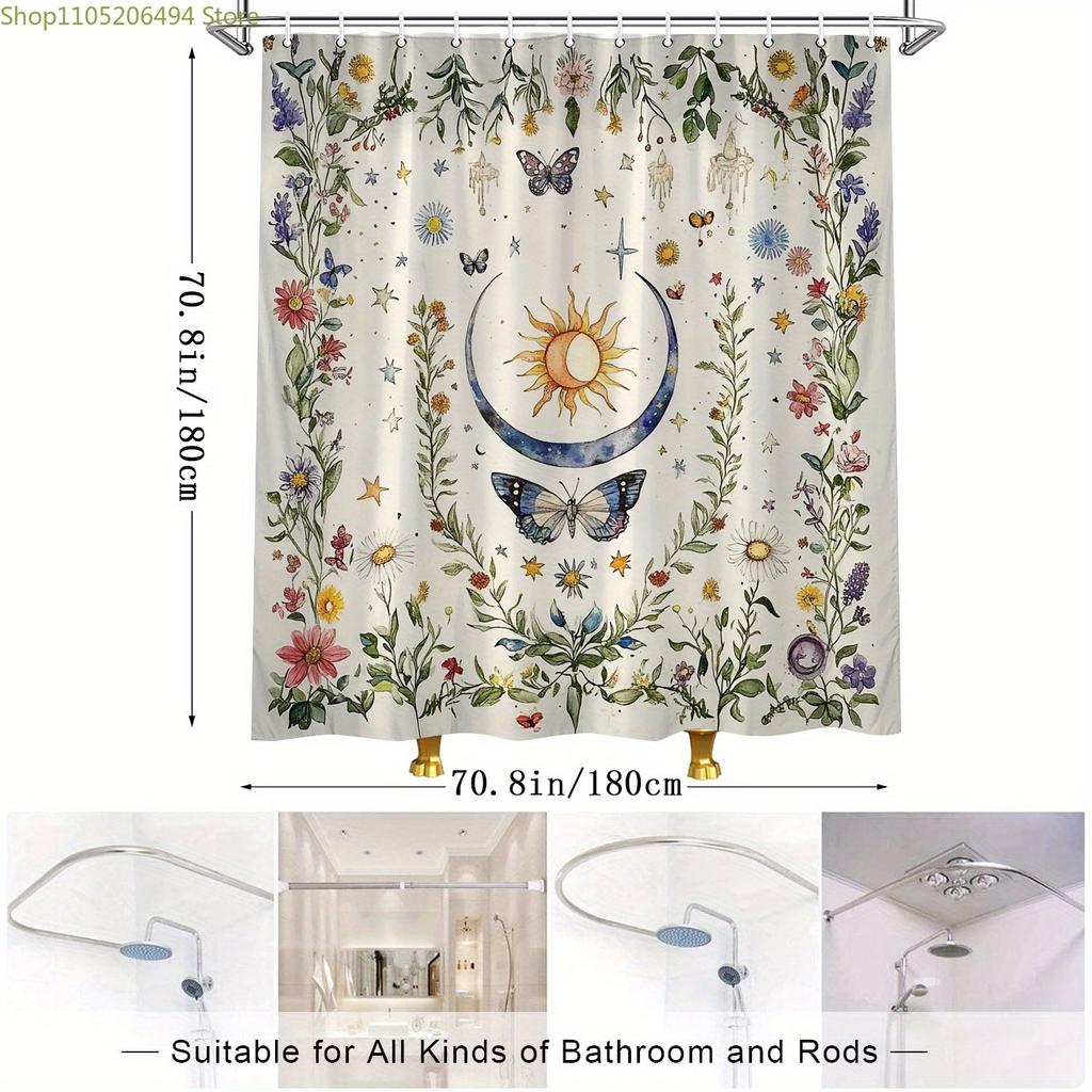 Vintage Floral & Celestial Bathroom Decor with Sun, Moon, Butterflies - Elegant Bath Curtain for Modern Traditional Bathrooms