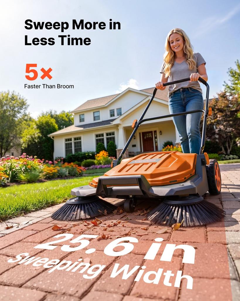 Walk-Behind Hand Push Floor Sweeper, Manual Floor Sweeper Non-Electric with 650mm Sweeping Width, 18.9L Waste Container & Adjustable Folding Handle