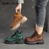 Natural Leather Chunky Women's Ankle Boots High Top Thick Bottom Boots Lace Up Casual Women's Motorcycle Boots