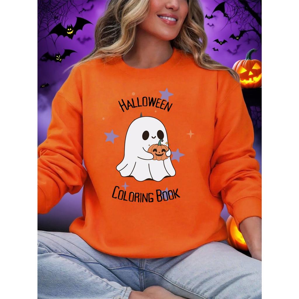 Halloween Coloring Book Printing Sweatshirts Women Winter Fleece Warm Hoodie O-Neck Loose Pullover Basics Sporty Womans Clothes