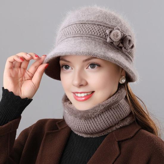 2Pcs/Set Women Winter Hat Scarf Set Elastic Soft Warm Solid Color Design Imitation Rabbit Fur Basin Hat Scarf Set