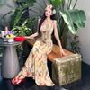 Retro printing backless v-neck neck dress for women, summer pure desire to close the waist, fishtail skirt, slim-fitting hip-wrapped dress