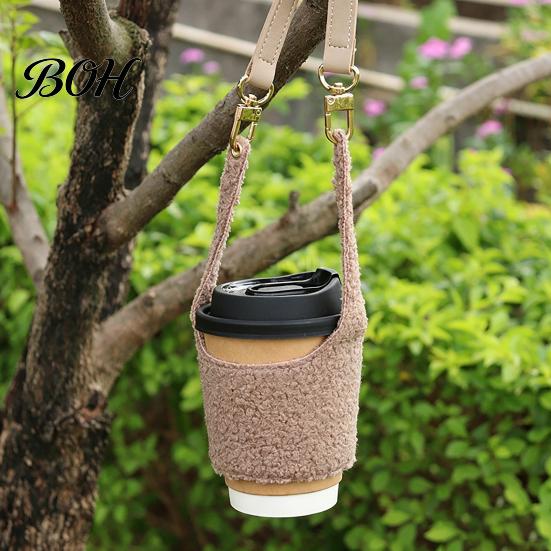 Cute Plush Cup Holder for Women Coffee Sleeve, Hand Strap Soft Insulated Holder, Autumn Winter Warmer Wrap Retro Style Sleeve And Daily Use Drink