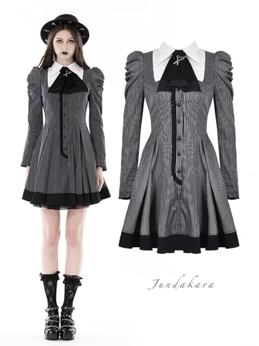 [Jundakara] Gothic Striped Dress for Women, Long Sleeves, Short Length, Cute and Dark Style, Detachable Ribbon, A-Line, Classical Fashion, Gothic Loli