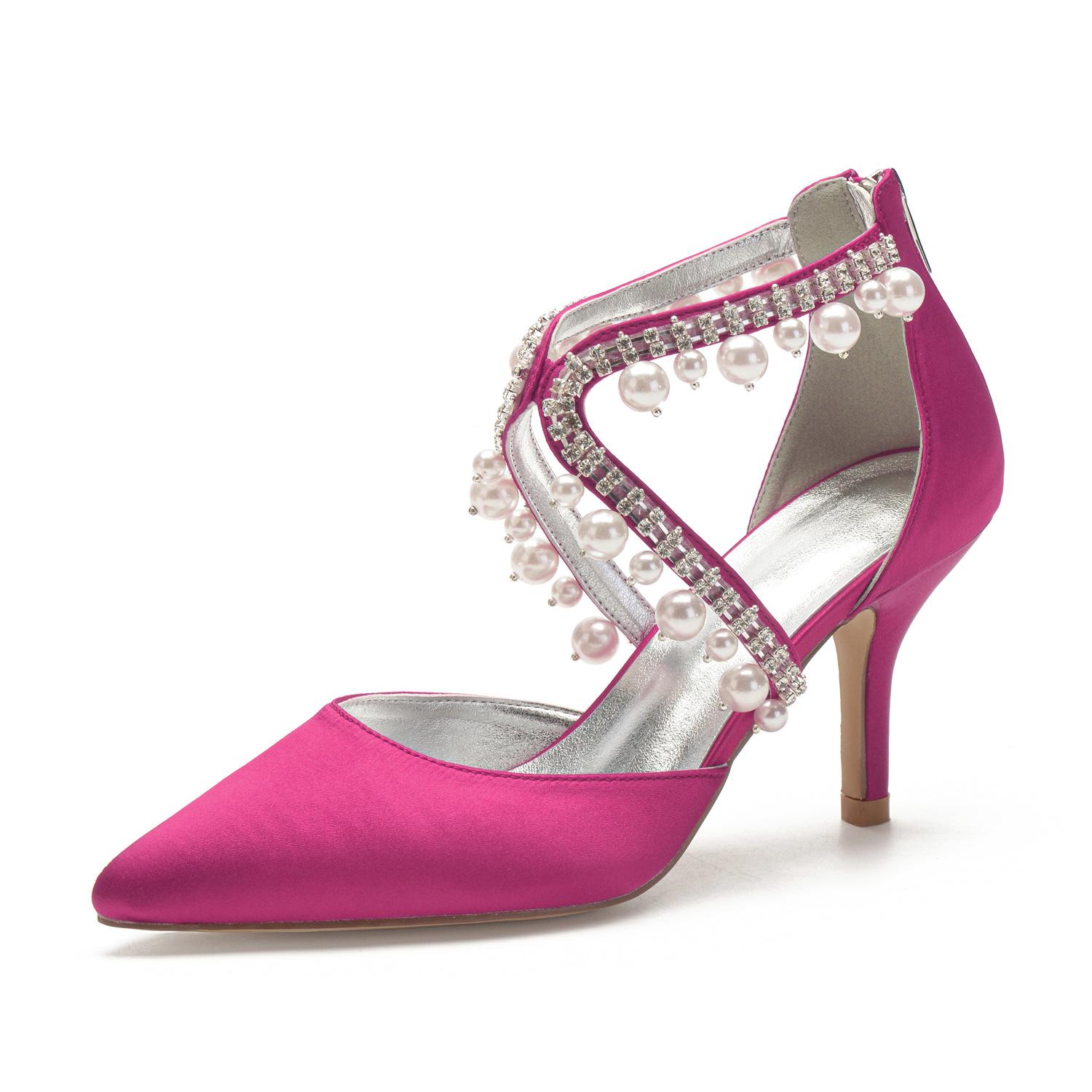 

2025 новые атласные туфли-лодочки с острым носком на тонком каблуке, украшенные стразами и жемчугом, цвета шампанского, с открытым верхом, женская обувь 43