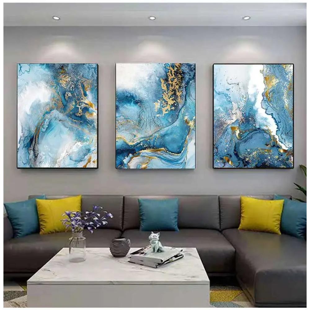 3 Pcs Gold Foil Blue Marble Texture Luxury Poster Prints Pictures Teal Watercolor Wall Art Canvas Painting for Modern Home Decor