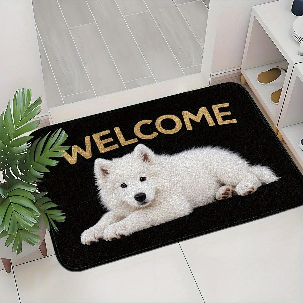 1 Stück Flanell-Fußmatte, Außen- und Innen-Willkommensmatte für die Haustür, Samojeden-Hund-Souvenir und Weihnachtsgeschenk, mit süßem Welpen und WELCO