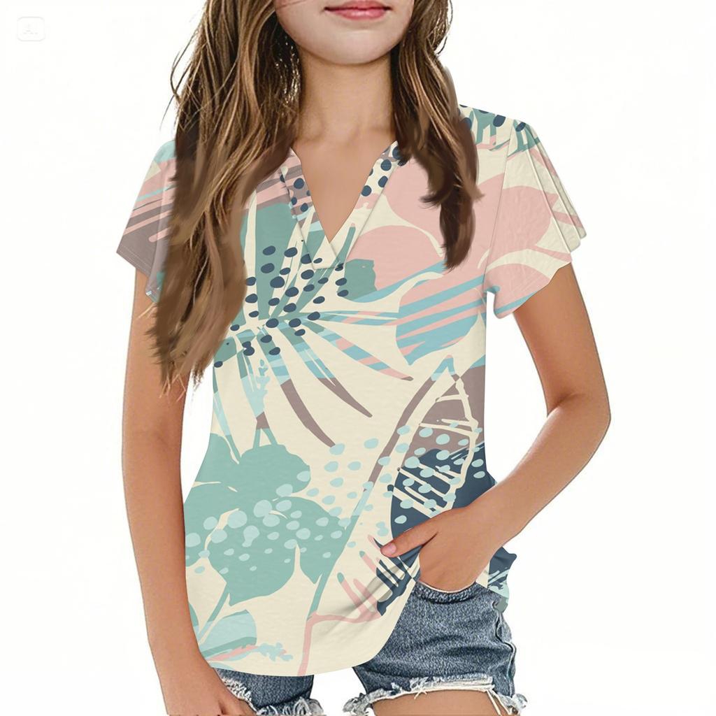 Summer Children's Casual Fashion Short-Sleeved V-Neck Hawaiian Girls' Top
