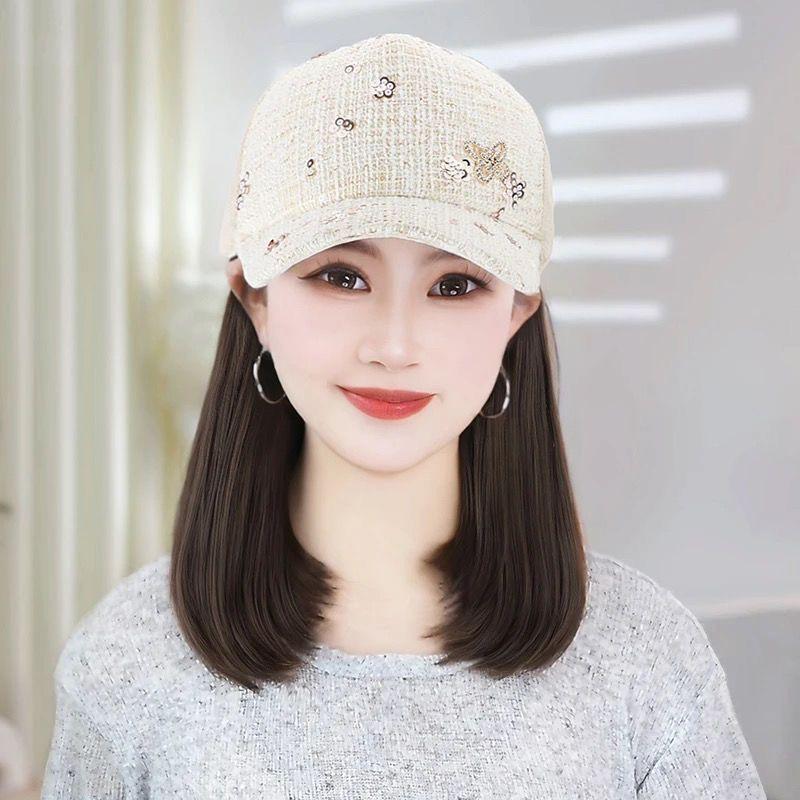 

Кепка с козырьком, шляпа-парик, интегрированная, корейский стиль, омолаживающая, короткая, с внутренней застежкой, визуально уменьшающая лицо, модная, универсальная, шляпа-парик, интегрированная, женская Beige cap (black-brown wig)