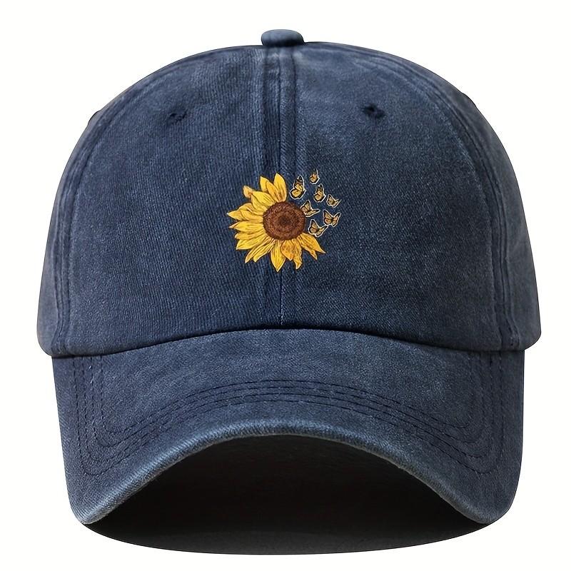 Sunflower Butterfly Baseball Cap Washed Denim Adjustable Outdoor Sports Sunshade Hat Unisex One Size