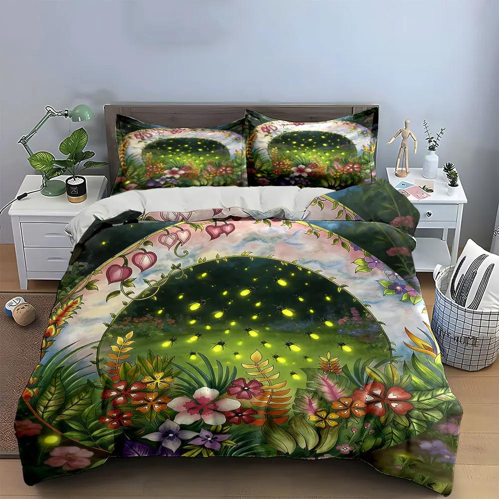 "Garden Floral Firefly Decorative Set" Soft Comfortable Duvet Cover Bedding Set Included 1*Duvet Cover & 2*Pillowcases, gift