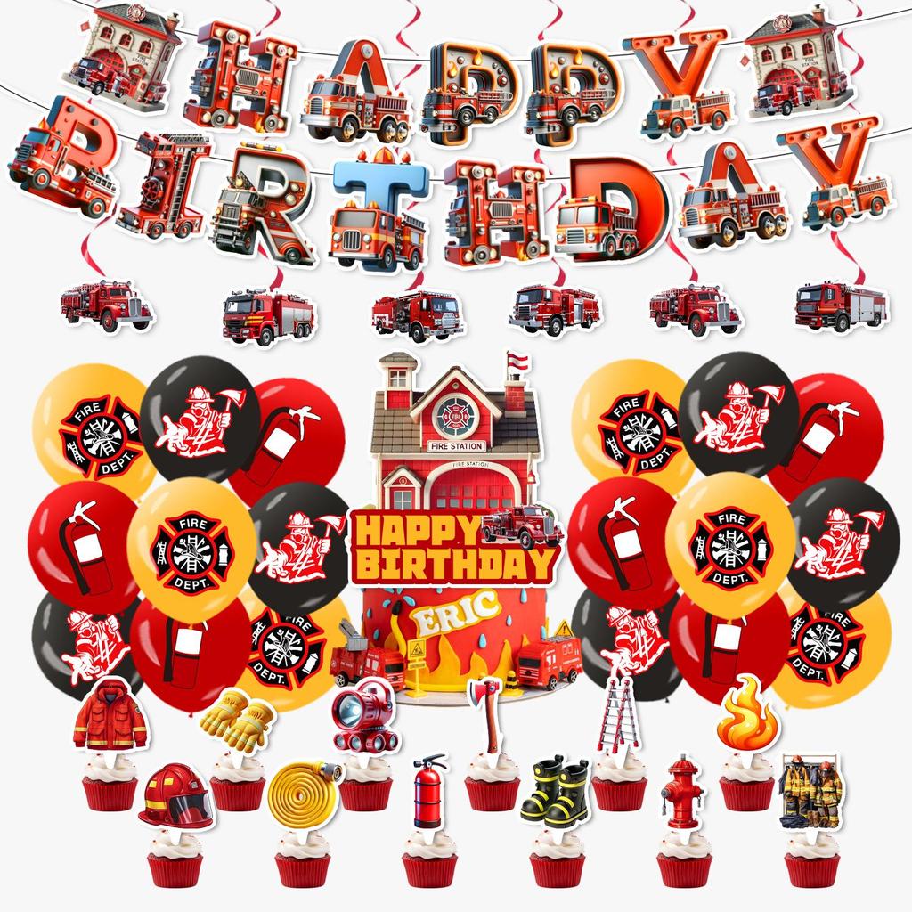 Fire Truck 3D Birthday Party Decoration Set: Banner, Balloons & Flags