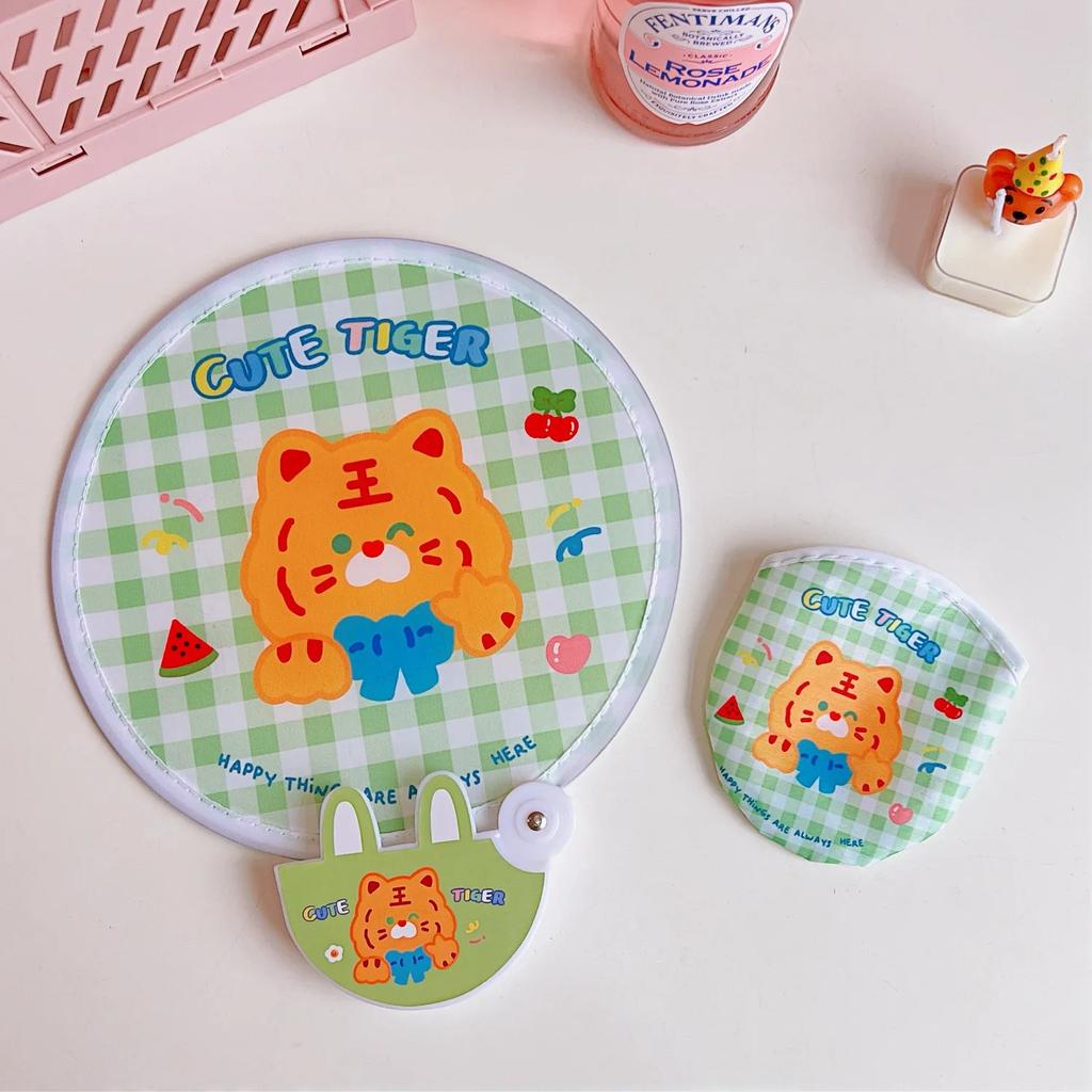 Lovely Japanese Folding Round Fan Summer Portable Mini Cartoon Handle Cloth Net Red