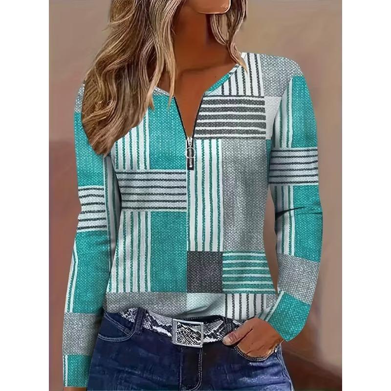 Ladies' 3D Printed V-neck Zipper T-shirt with Glossy Long Sleeved Top and Half Zipper Long Sleeved T-shirt